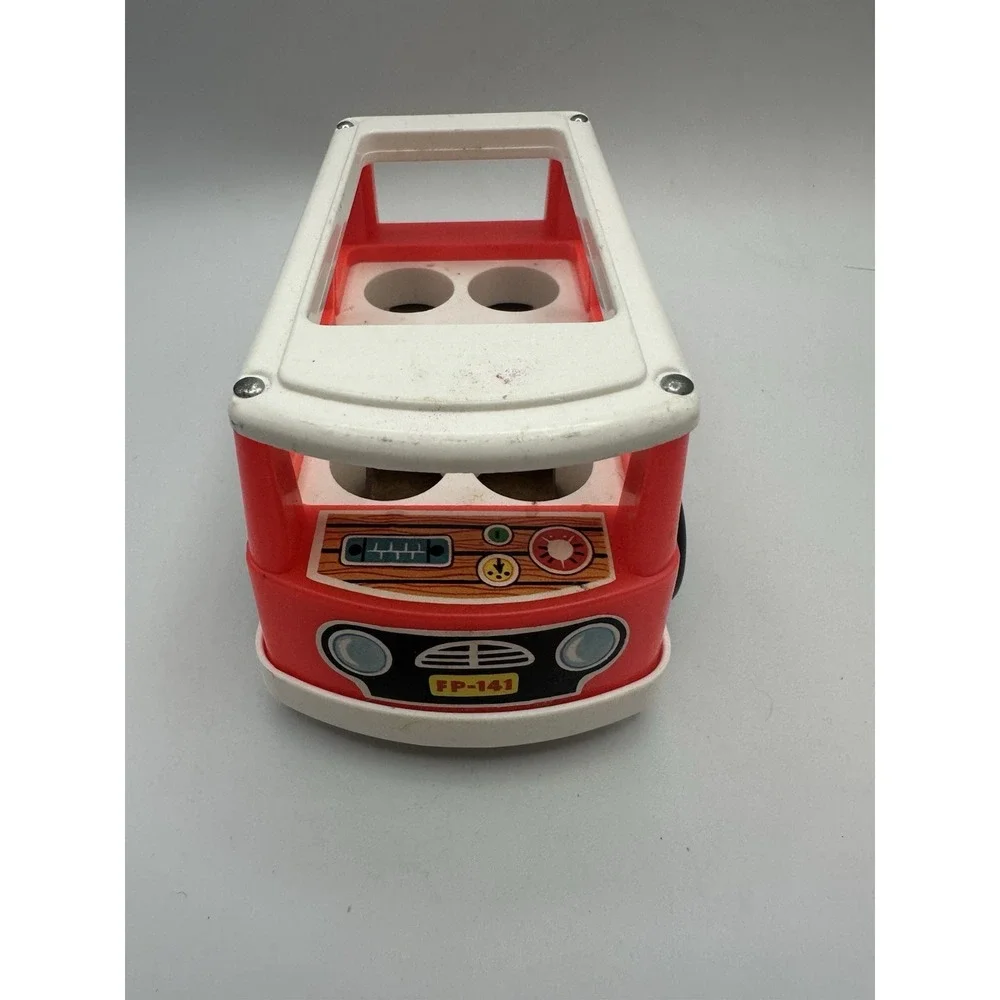 VTG FISHER PRICE LITTLE PEOPLE PLASTIC RED & WHITE MINI-BUS‎ TOY WOOD BASE 1969